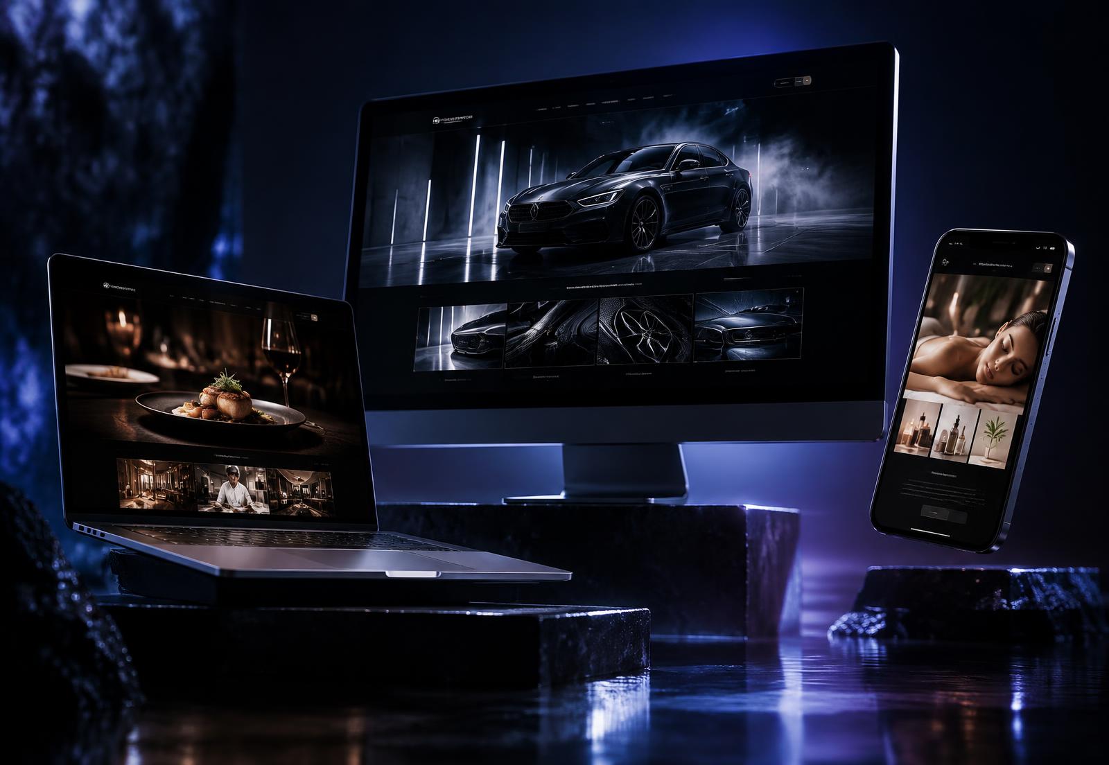 Premium website designs shown on a desktop monitor, laptop and smartphone